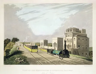 Vista del Ferrocarril de Manchester y Liverpool, tomada en Newton, 1825, grabado por Havell